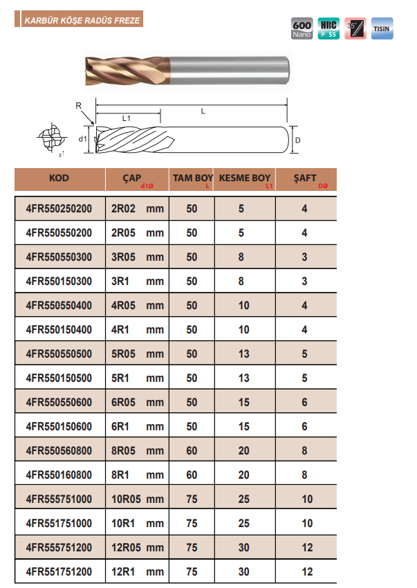55HRC Karbür Köşe Radus Freze Eric