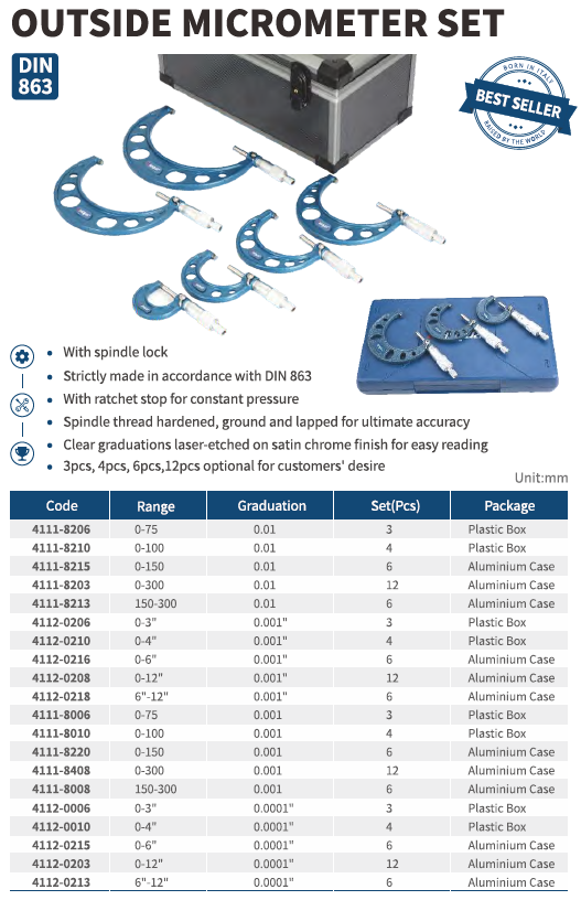 6 Parça Mekanik Mikrometre Seti inch