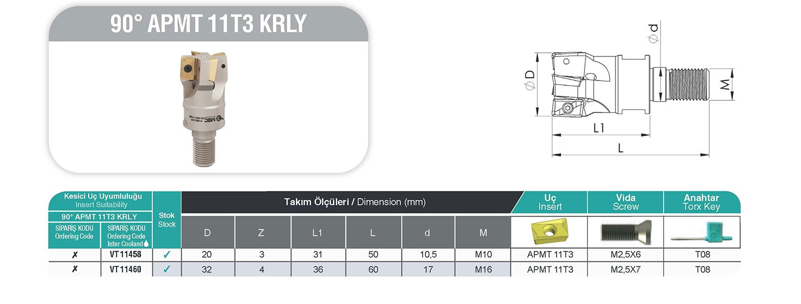 90° APMT 11T3 KRLY MBC Vidalı Tarama Başlığı tablo