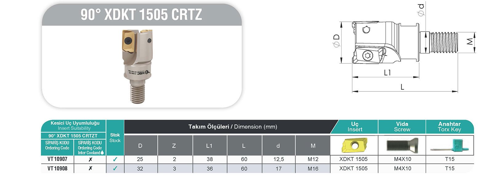 90° XDKT 1505 CRTZ MBC Vidalı Tarama Başlığı tablo