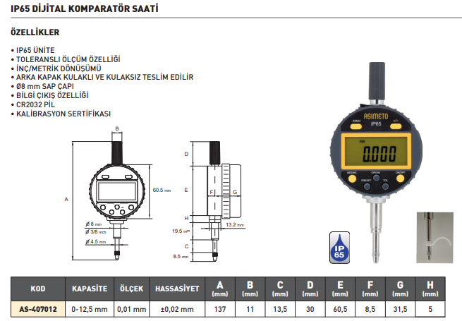 Asimeto Dijital Komparatör Saati IP65 0-12.7mmx0.01