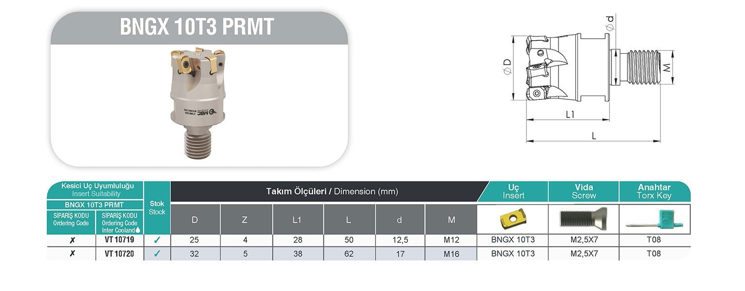 BNGX 10T3 PRMT MBC Vidalı Tarama Başlığı Tablo