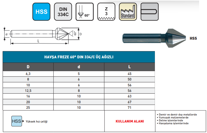 PLD 6.3mm Havşa Freze 60° HSS DIN334/c
