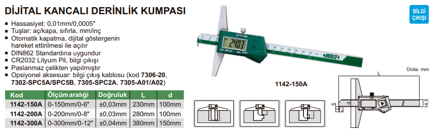 INSIZE 1142-300A Dijital Kancalı Derinlik Kumpası 300 mm