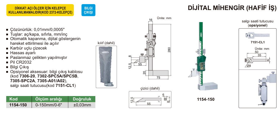 INSIZE 1154-150 Dijital Mihengir ( Hafif İş )