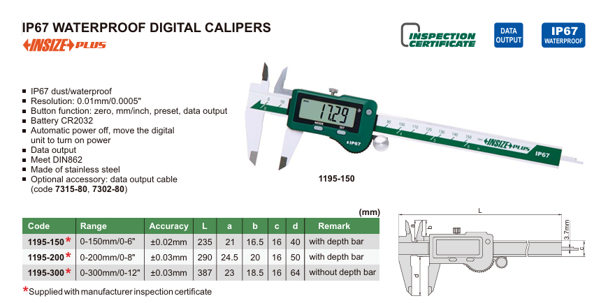 INSIZE 1195-300 IP67 Su Geçirmez Dijital Kumpas 300 mm