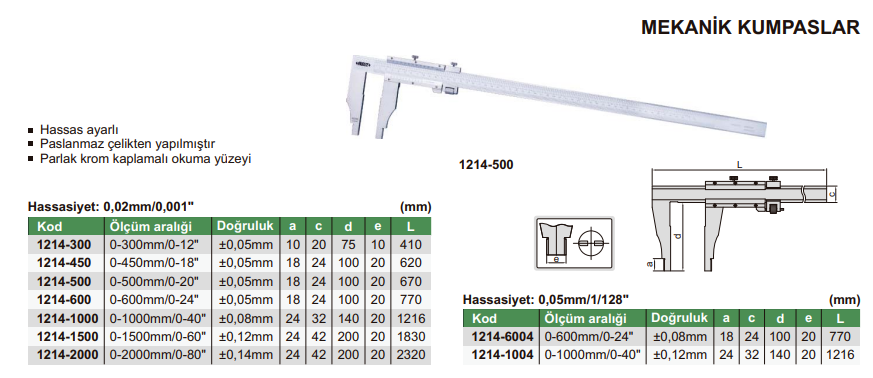 INSIZE 1214-2000 Tek Çeneli Mekanik Kumpas 2000 mm