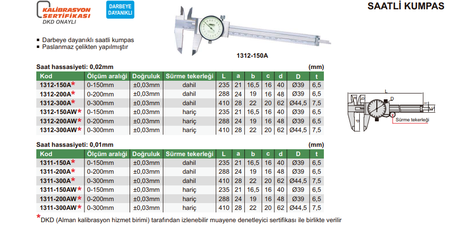 INSIZE 1311-300AW Saatli Kumpas 300 mm