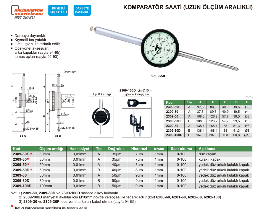 INSIZE 2309-50 Komparatör Saati (Uzun Ölçüm Aralıklı)