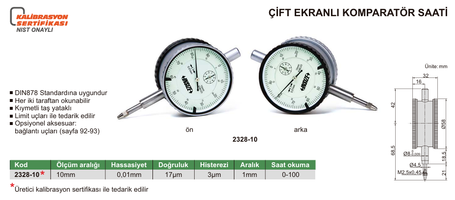 INSIZE 2328-10 Çift Ekranlı Komparatör Saati