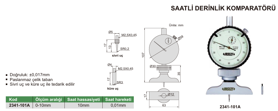 INSIZE 2341-101A Saatli Derinlik Komparatörü