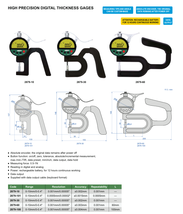 INSIZE 2879 Yüksek Hassasiyetli Dijital Kalınlık Ölçer