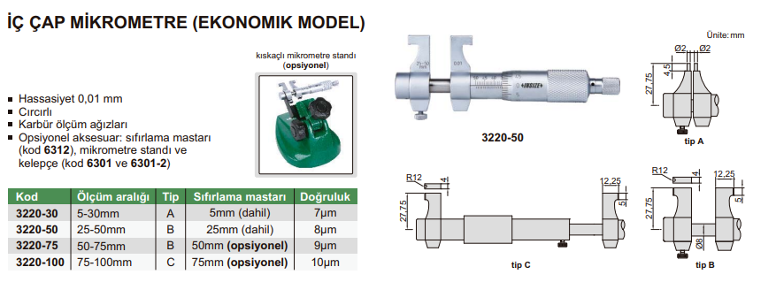 INSIZE 3220-100 İç Çap Mikrometre (Ekonomik Model) 75-100 mm