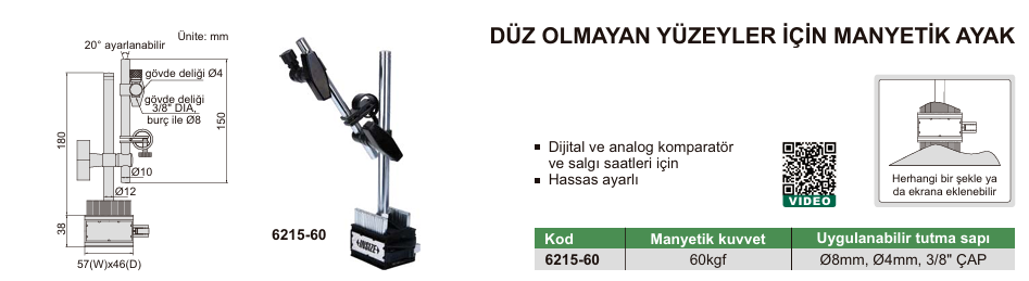 INSIZE 6215-60 Düz Olmayan Yüzeyler İçin Manyetik Ayak