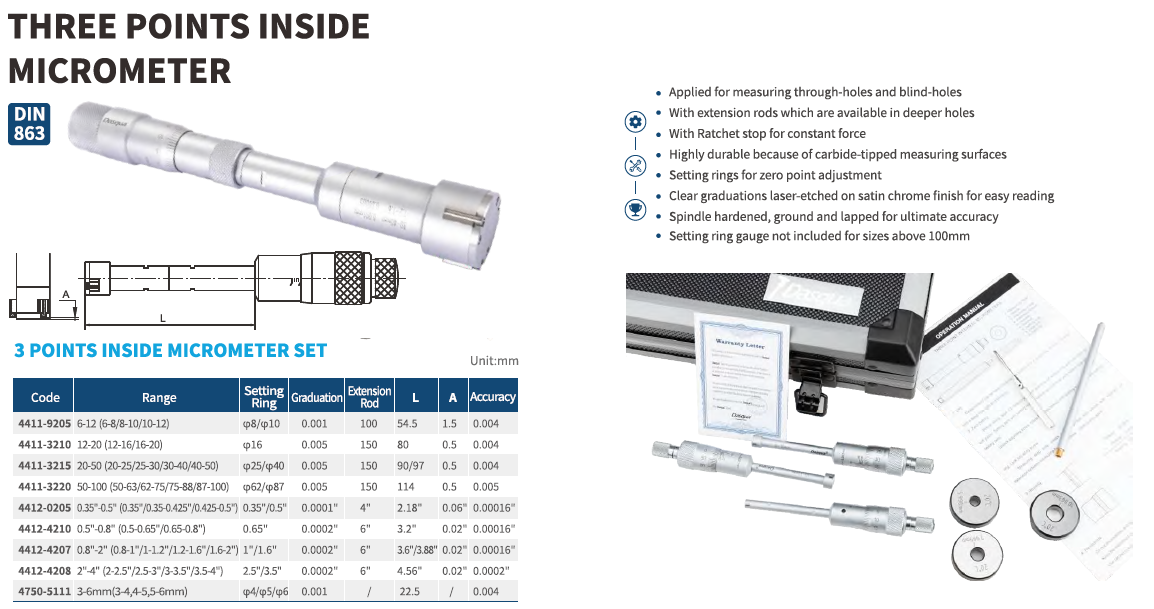 Mekanik 3 Ayaklı İç Çap Mikrometre Seti