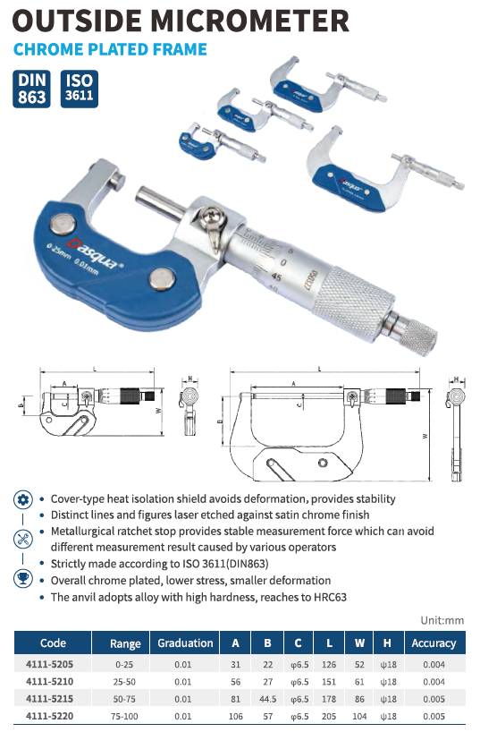 Mekanik Dış Çap Mikrometre Krom Kaplama