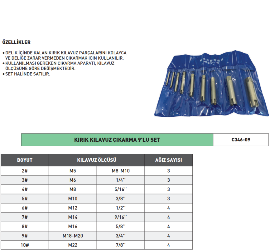 PLD Kırık Kılavuz Çıkarma 9’lu Set tablo