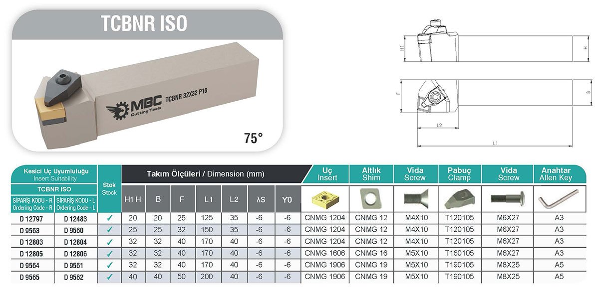 TCBNR MBC Dış Çap Torna Kateri Tablo
