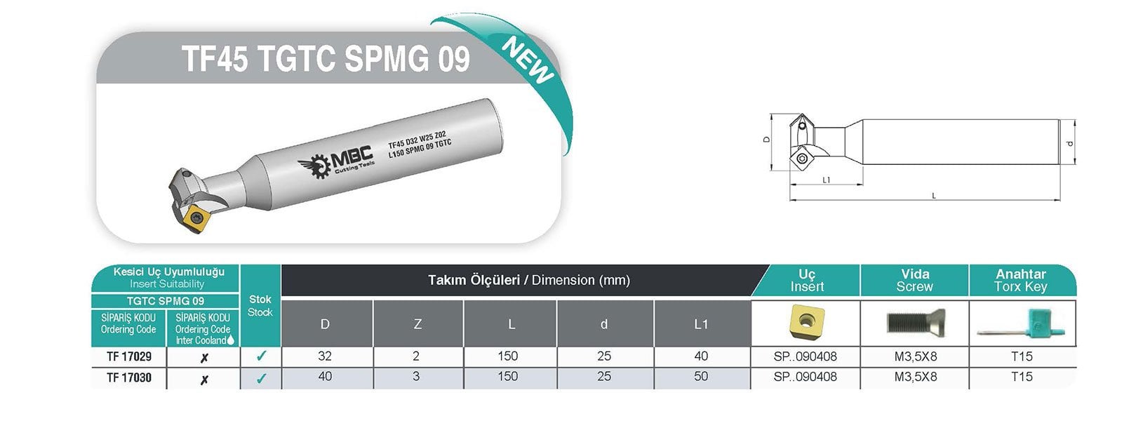 TF45 TGTC SPMG 09 MBC Takma Uçlu Disk Freze tablo