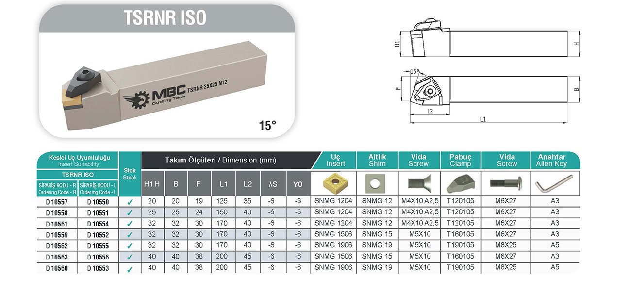 TSRNR ISO MBC Dış Çap Torna Kateri Tablo