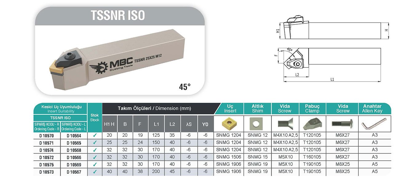TSSNR MBC Dış Çap Torna Kateri Tablo
