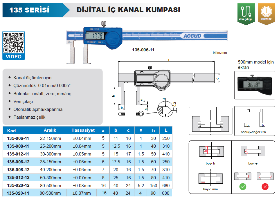 ACCUD Dijital İç Çap Kanal Kumpası 135 Serisi 25-200mm