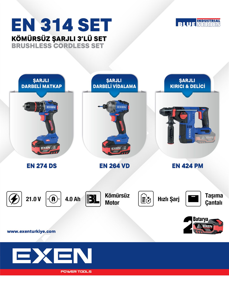 EXEN  EN 314 SET  - 21V 4Ah  Kömürsüz Şarjlı Makina 3'lü Set
