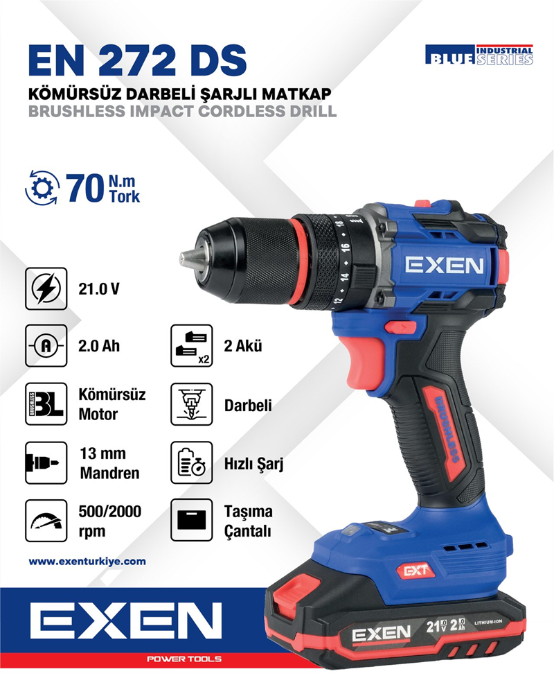 EXEN  EN 272 DS - 21V 2Ah 70N.m Kömürsüz Darbeli Şarjlı Matkap