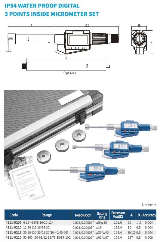 Dasqua 20-50mm Dijital 3 Ayaklı İç Çap Mikrometre Seti IP54  0.001mm 4511-9215