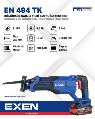 EXEN EN 494 TK - 21V 4Ah max.250mm Kömürsüz Şarjlı Tilki Kuyruğu Testere